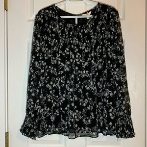 Terra & Sky Sheer Blouse Long Sleeves Black White Floral Print Women’s Size 1X